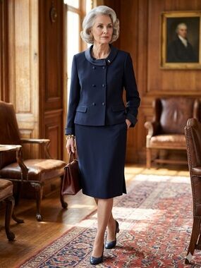 Kasper A.S.L. Petite Navy Blue Skirt Suit Set 16P Satin Portrait Collar & Cuffs